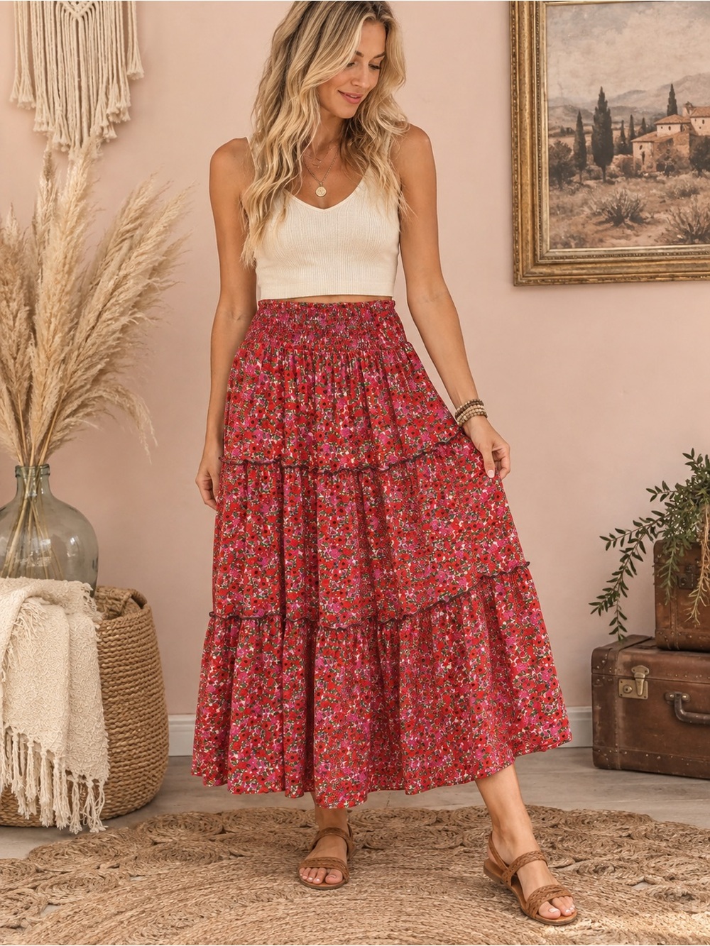 NATURAL LIFE Red Floral Tiered Maxi Skirt